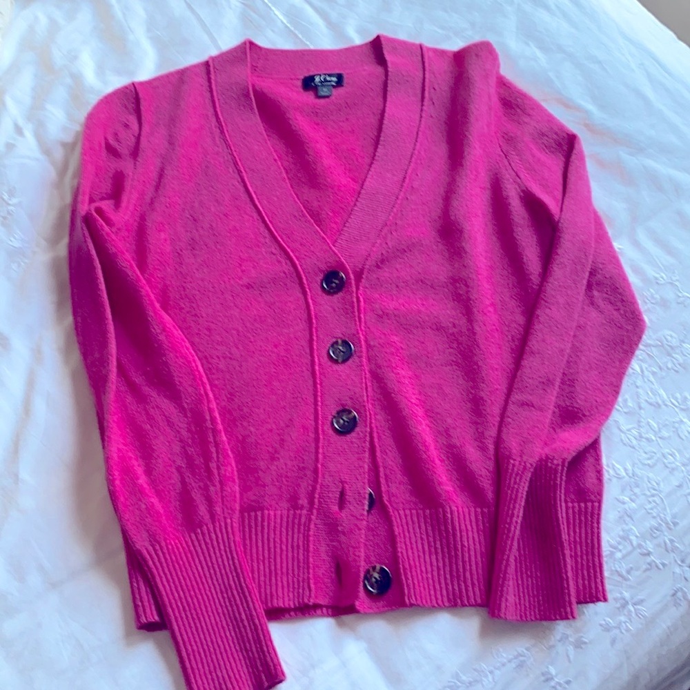 Bright pink cashmere cardigan (J. Crew)